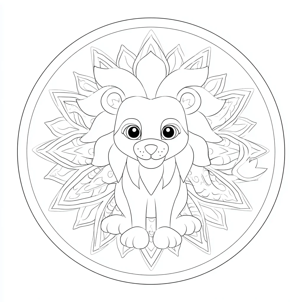 Dibujo de mandala de león circular con pétalos decorativos para colorear