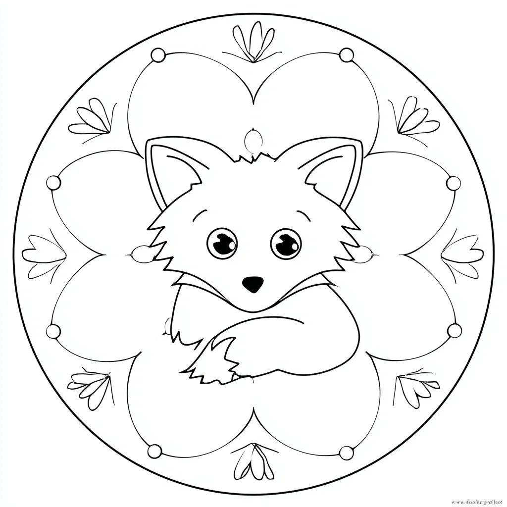 Dibujo de mandala de zorro tierno circular para colorear