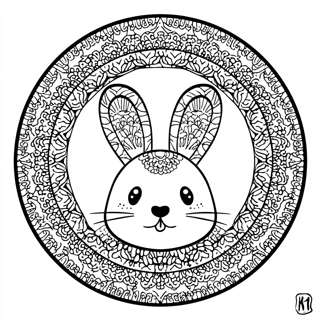 Dibujo de mandala de cabeza de conejo kawaii con orla zentangle para colorear
