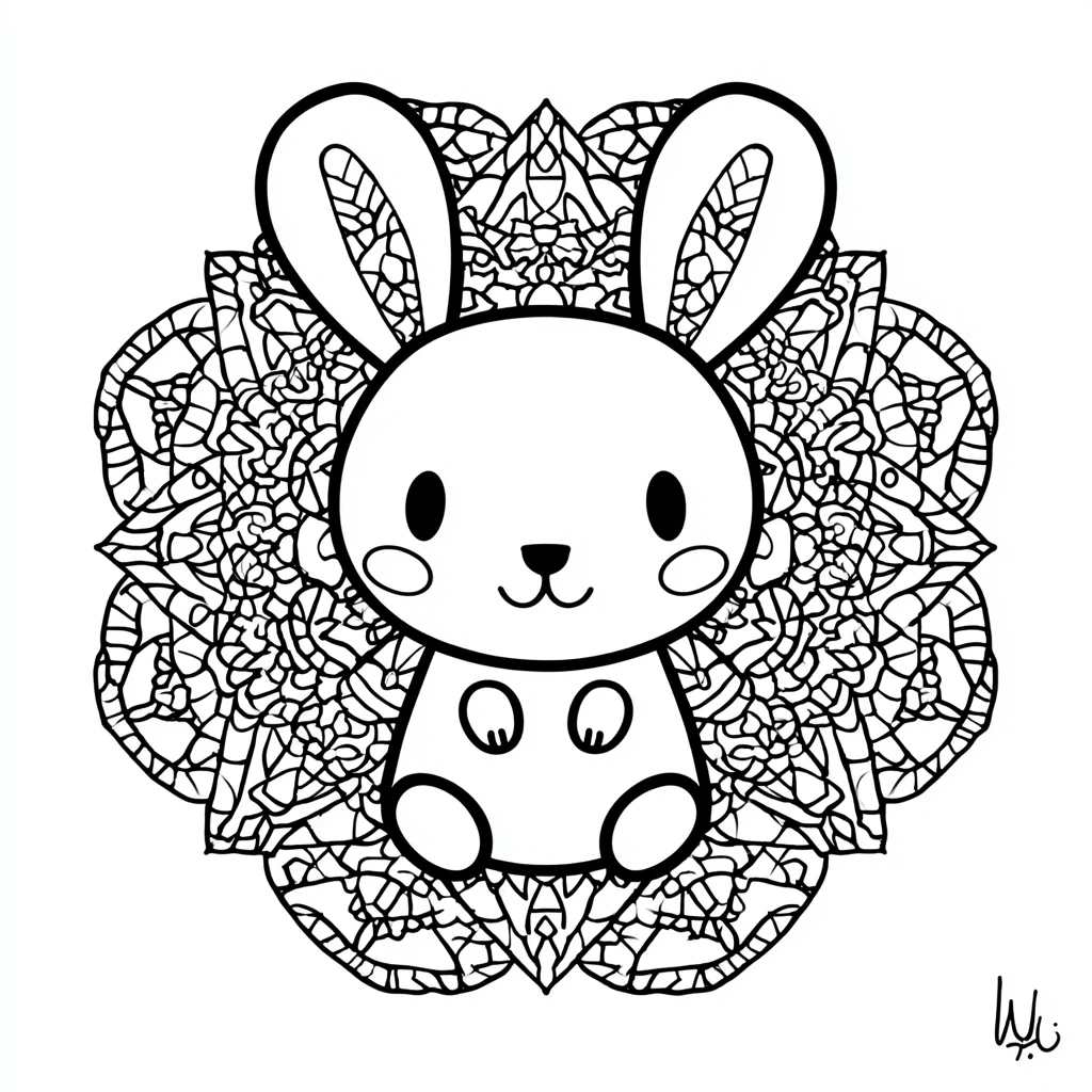Dibujo de mandala de conejo kawaii con fondo zentangle para colorear