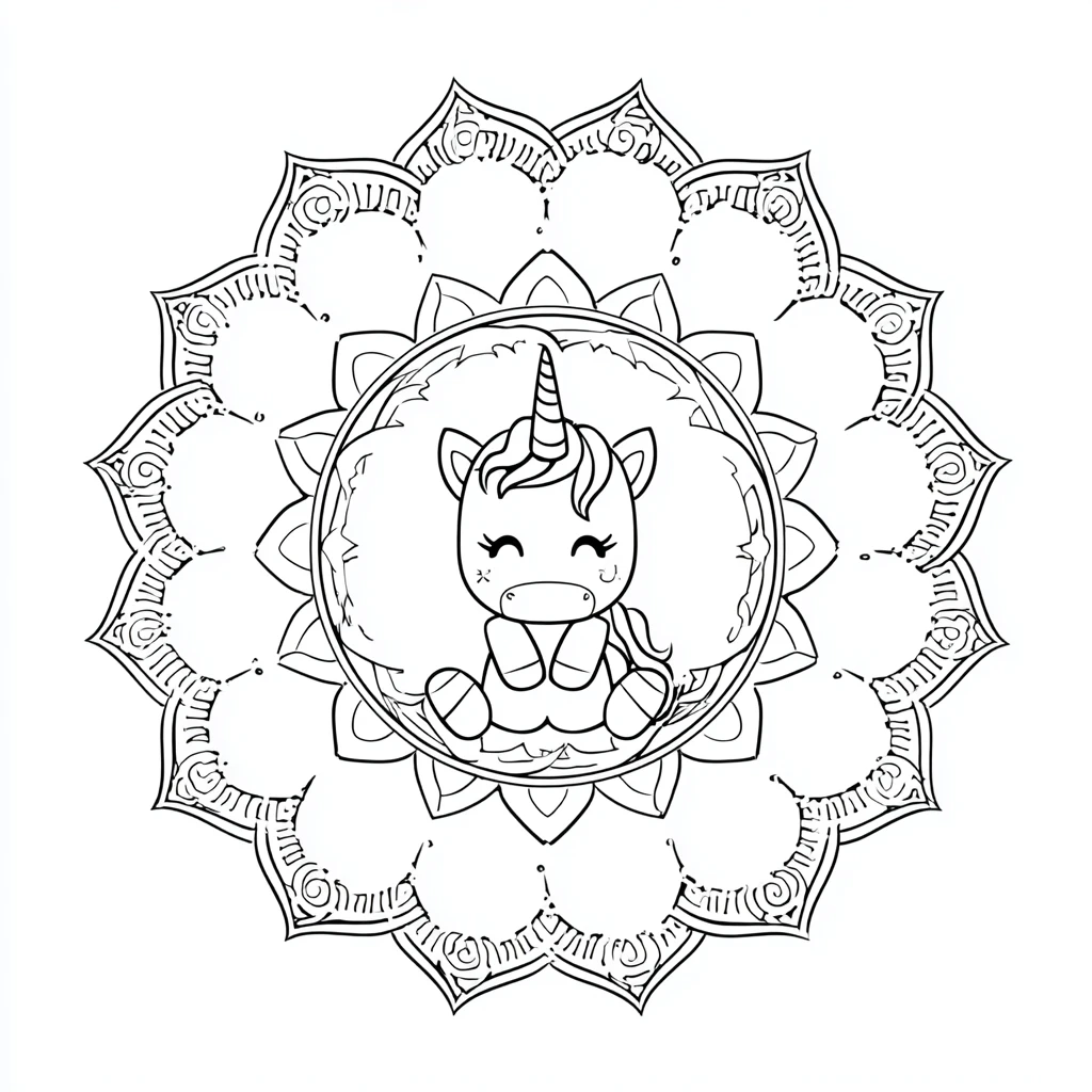 Dibujo de mandala de flor de loto con unicornio chibi meditando para colorear Dibujo de mandala de flor de loto con unicornio chibi meditando para colorear